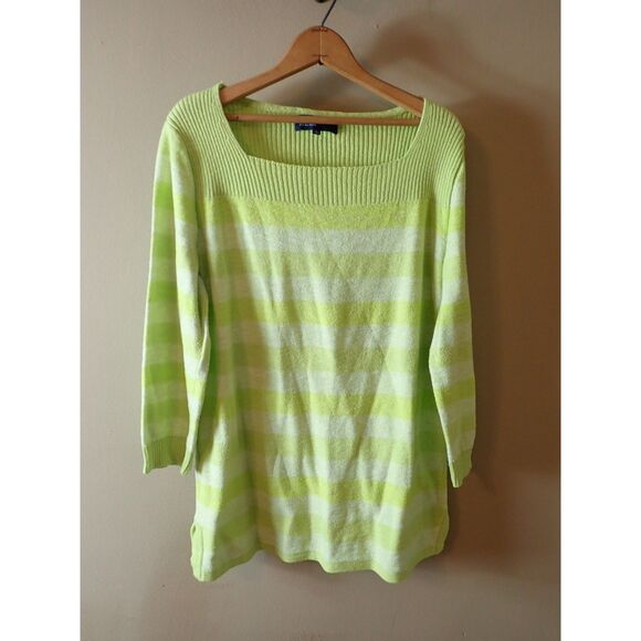 Jones New York Large Green Stripped Shirt Knit Sweater Bright Neon Casual - Picture 1 of 6